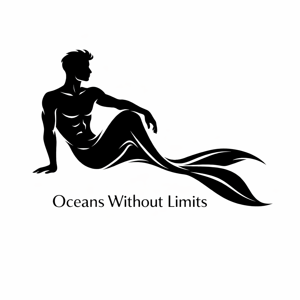 Black merman silhouette with a long flowing tail above the words Oceans Without Limits.