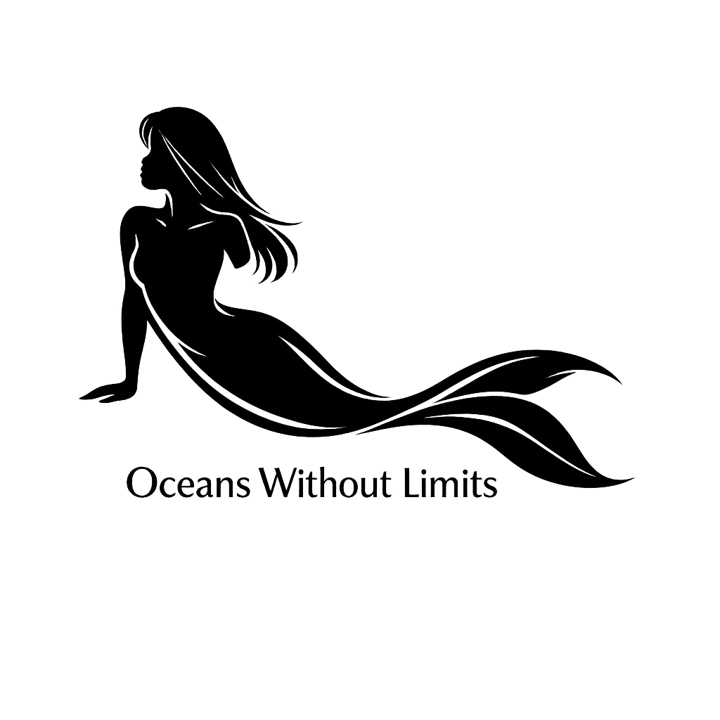 Long-haired mermaid silhouette with a long flowing tail above an oceans-without-limits message.