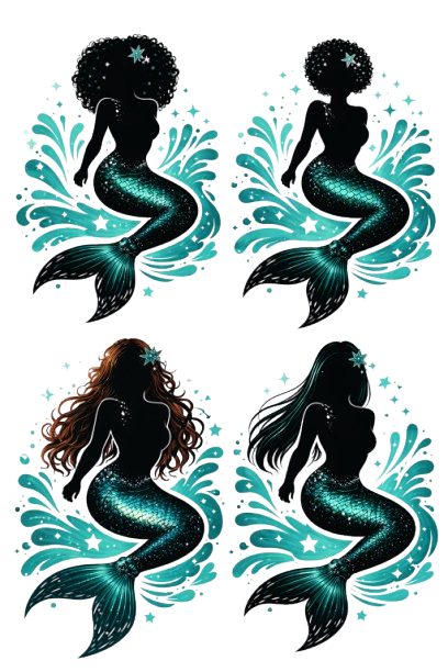 A group of four black mermaid silhouettes with varied hair, teal tails and waves.