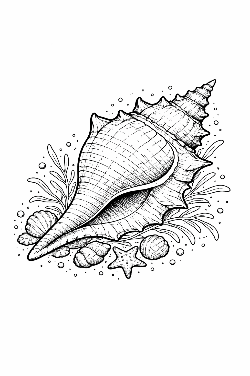 Black line drawing of a large spiral shell surrounded by smaller shells and starfish.