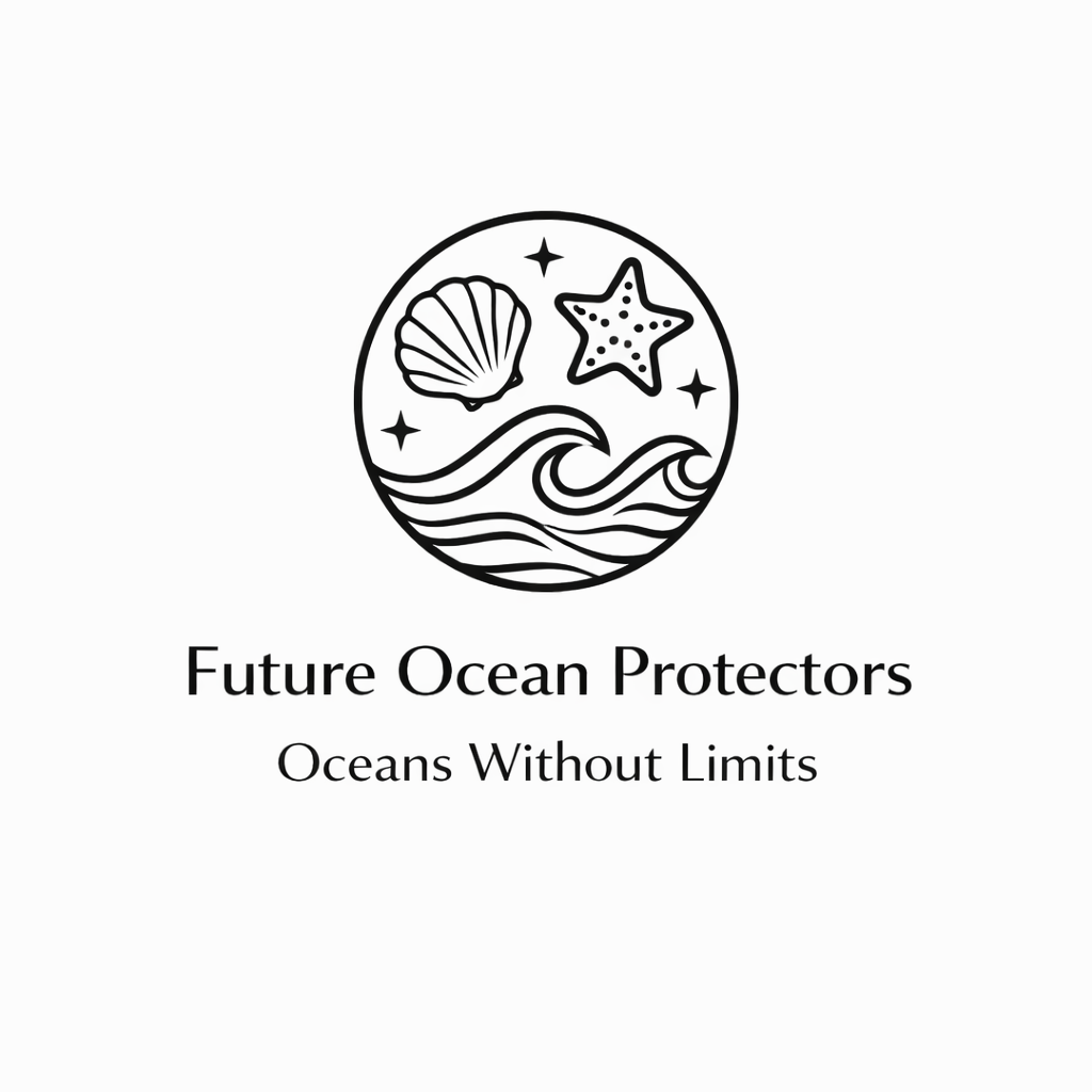 Black line shell, starfish and waves emblem above Future Ocean Protectors lettering.