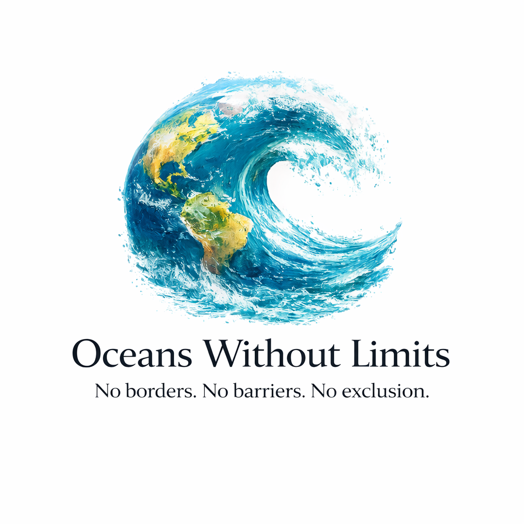 A globe within a curling wave, showing the Americas. Oceans Without Limits. No borders. No barriers. No exclusion.