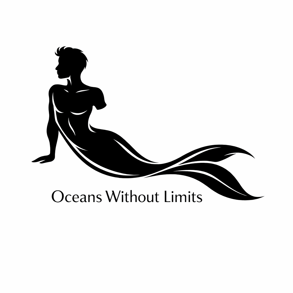 Seated merman silhouette with a long flowing tail above the words Oceans Without Limits.