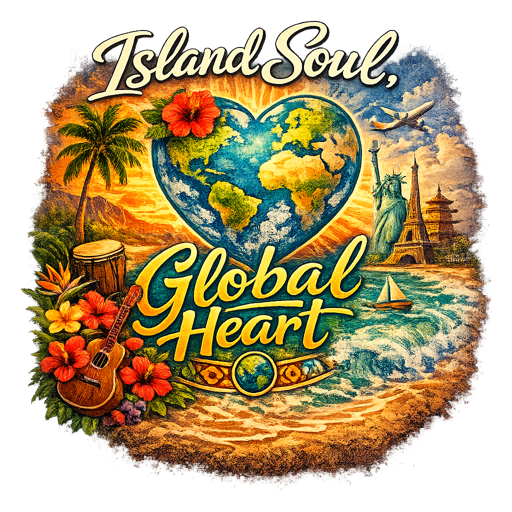 A heart-shaped world surrounded by tropical island and international landmarks, flowers, ocean and warm sunlight.