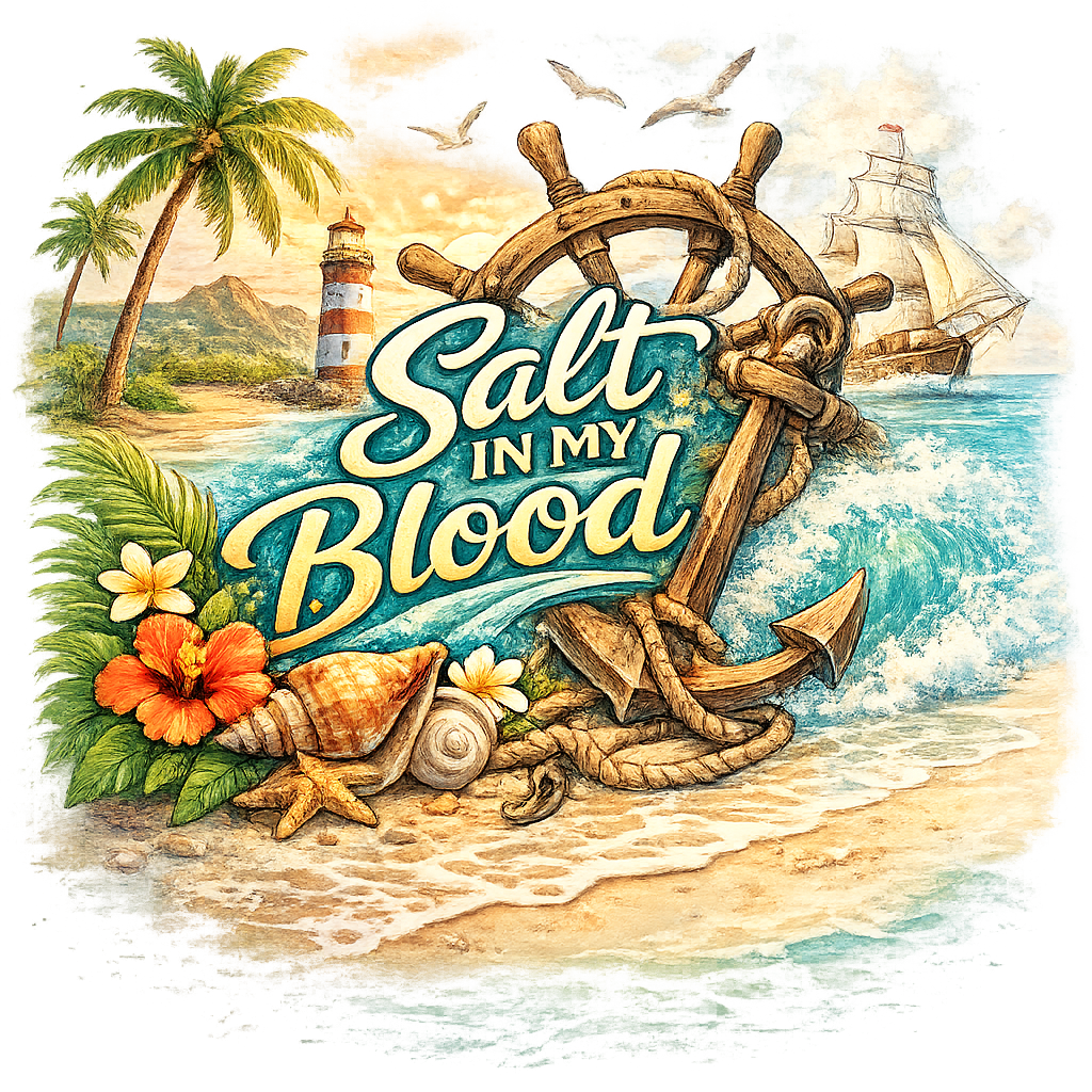 A palm-lined shore, ship’s wheel and anchor surrounding the words Salt in my Blood at Sea.