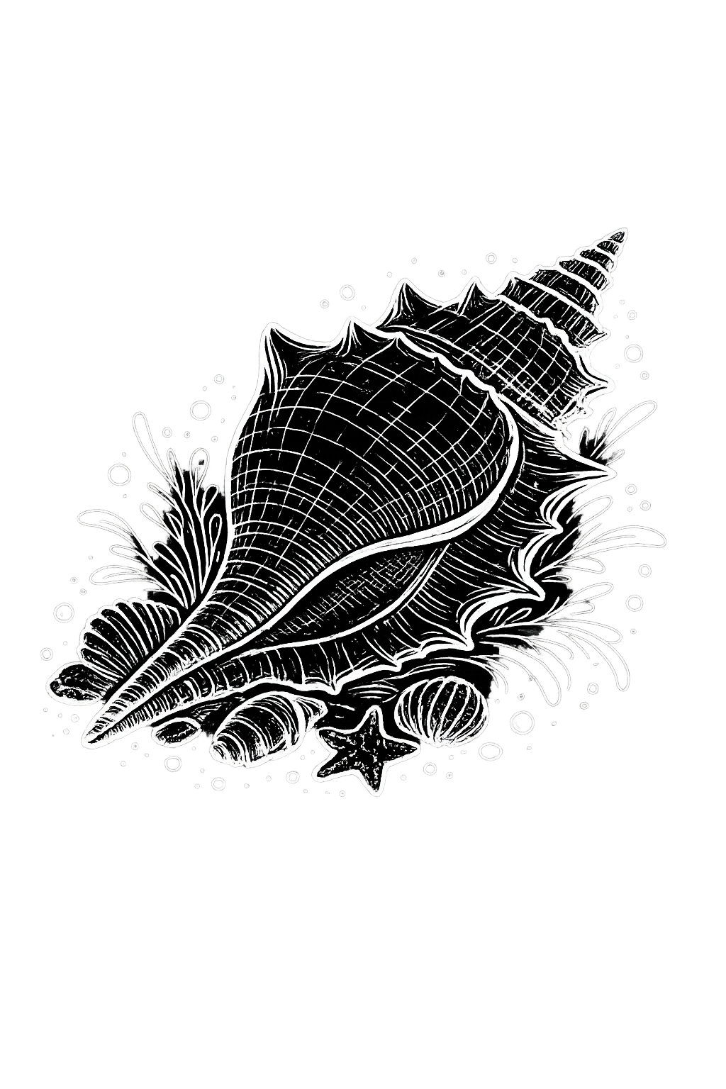 A dark spiral shell with pale line details, surrounded by smaller shells and starfish.