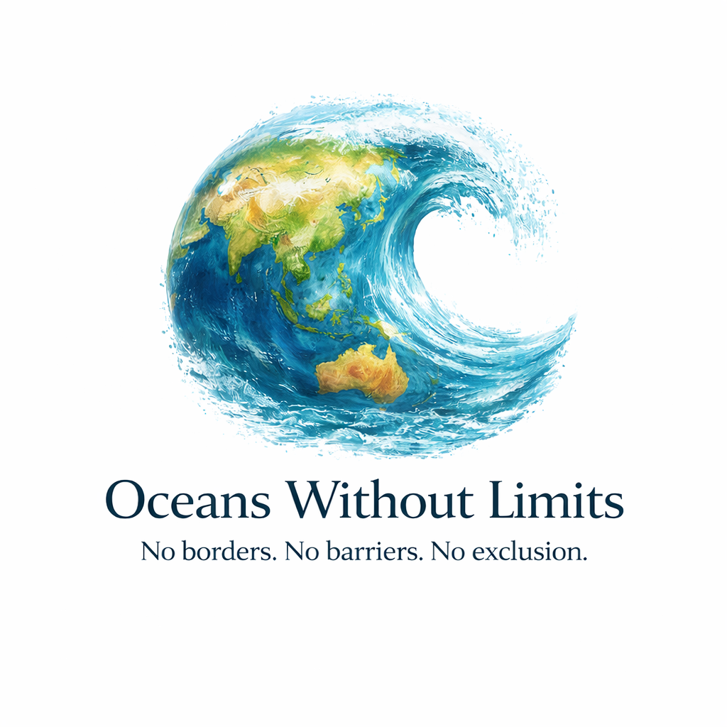 A globe within a curling wave, showing Asia and Australia. Oceans Without Limits. No borders. No barriers. No exclusion.