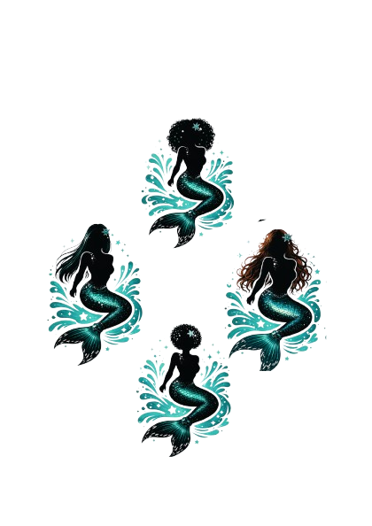 Four black mermaid silhouettes with varied hair and teal tails arranged as a group.