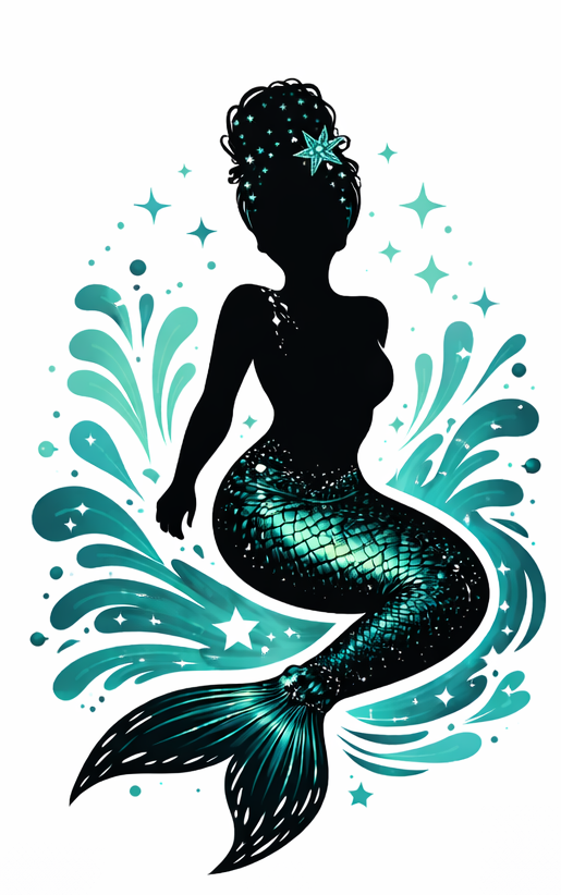 Mermaid silhouette with curly hair, a teal-scaled tail and splashing waves.