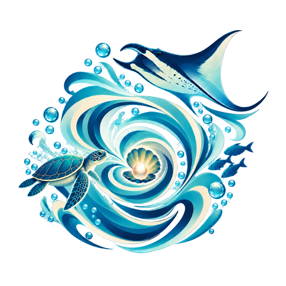 Swirling waves around a shell and pearl, with a turtle, a ray and small fish.