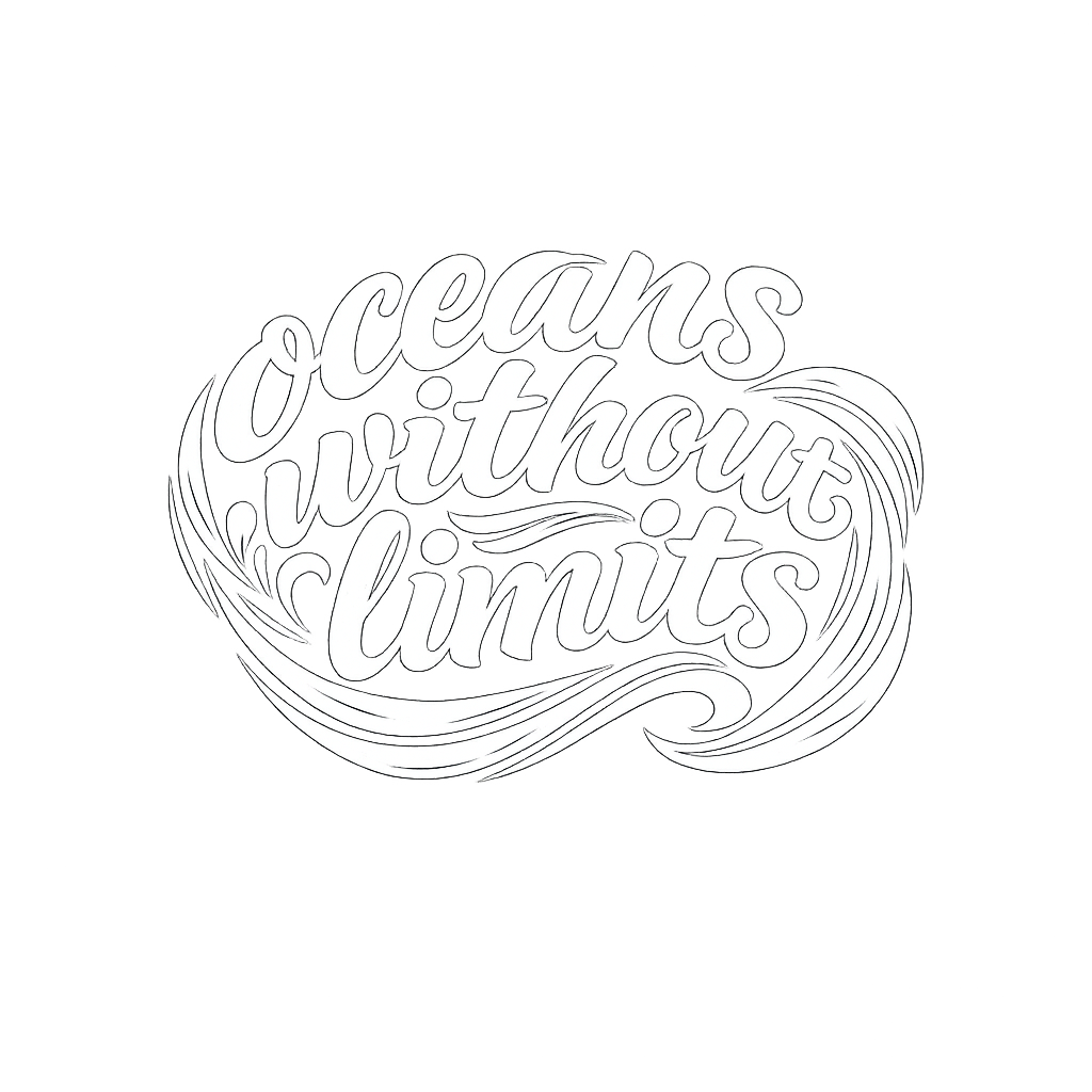 White Oceans Without Limits lettering surrounded by curling wave lines.