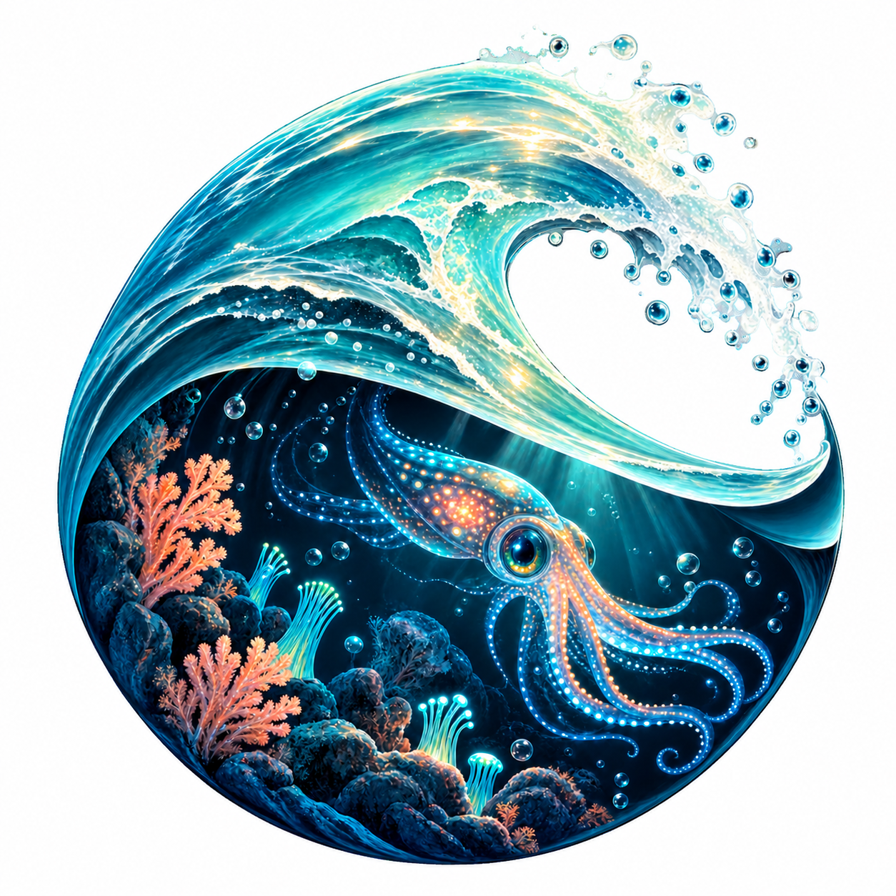 Illustration of a curling wave enclosing a tentacled sea creature and coral.