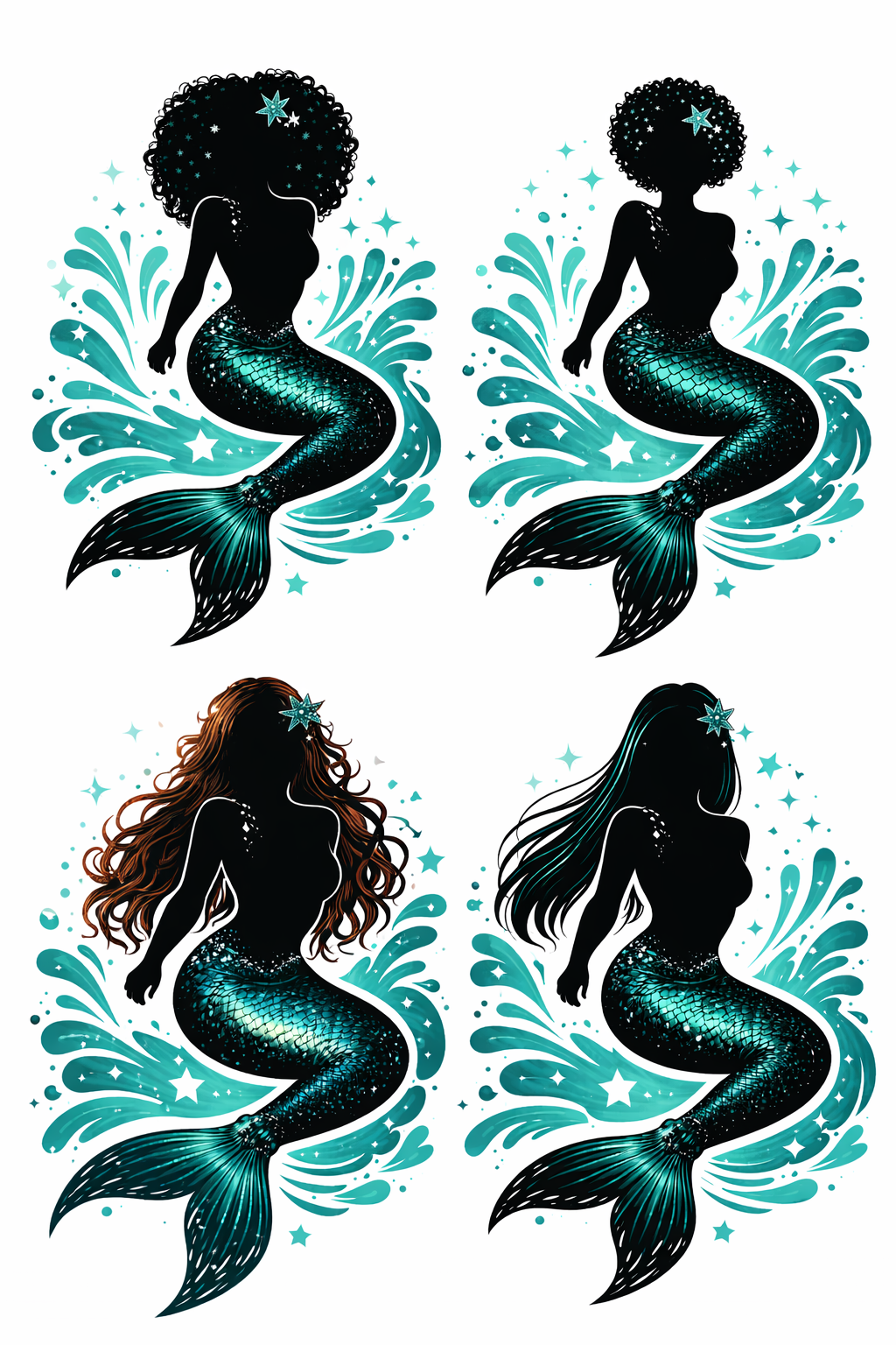 Four mermaid silhouettes with varied hairstyles, teal tails and splashing waves.