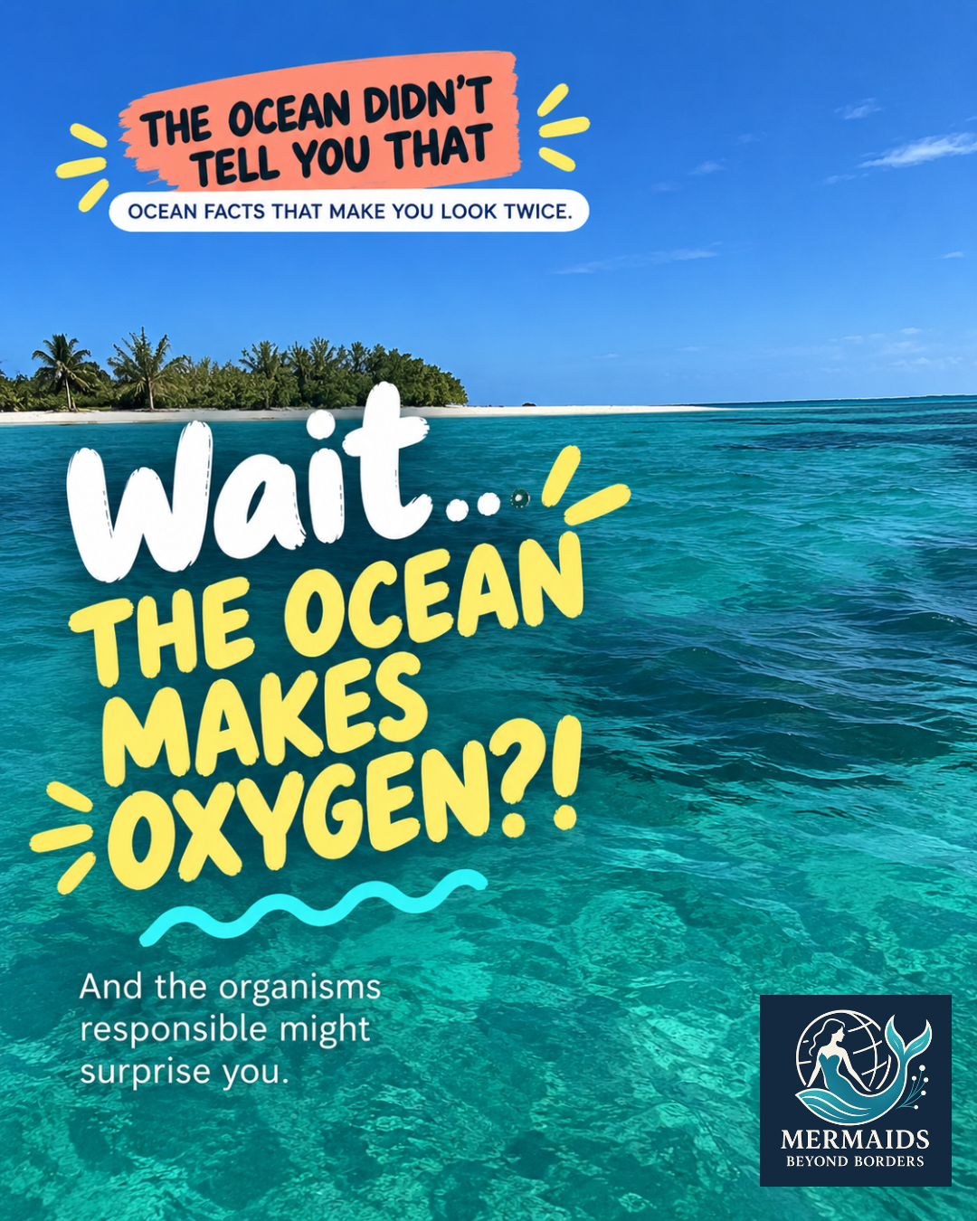 Slide 1: “Wait… The ocean makes oxygen?! And the organisms responsible might surprise you.” over a photo of turquoise shallows beside a small tropical island.