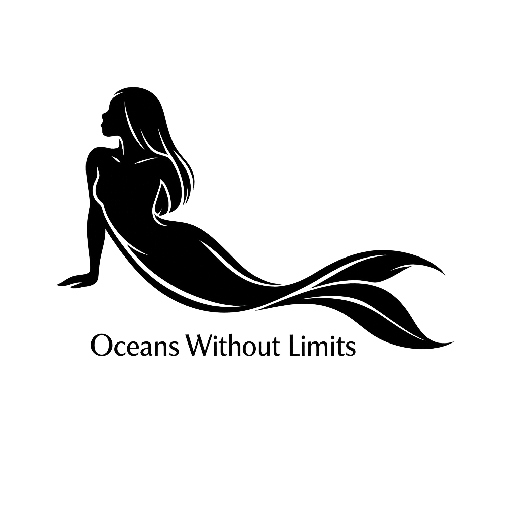 Mermaid silhouette with shoulder-length hair and a long flowing tail above an oceans-without-limits message.
