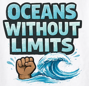 Bold oceans-without-limits lettering above a raised fist emerging beside a breaking wave.
