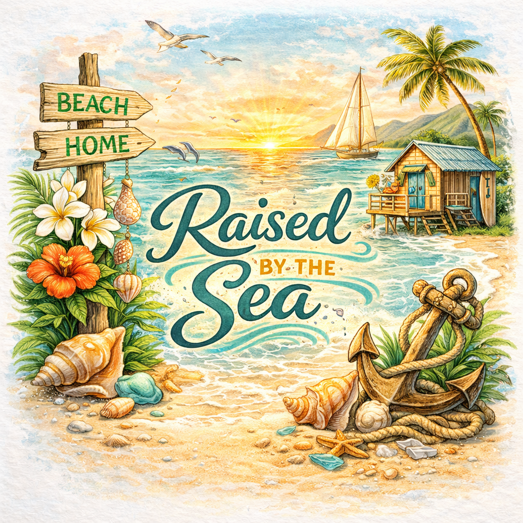 A palm-lined shore with a beach home, sailing boat, flowers and anchor. Raised by the Sea.