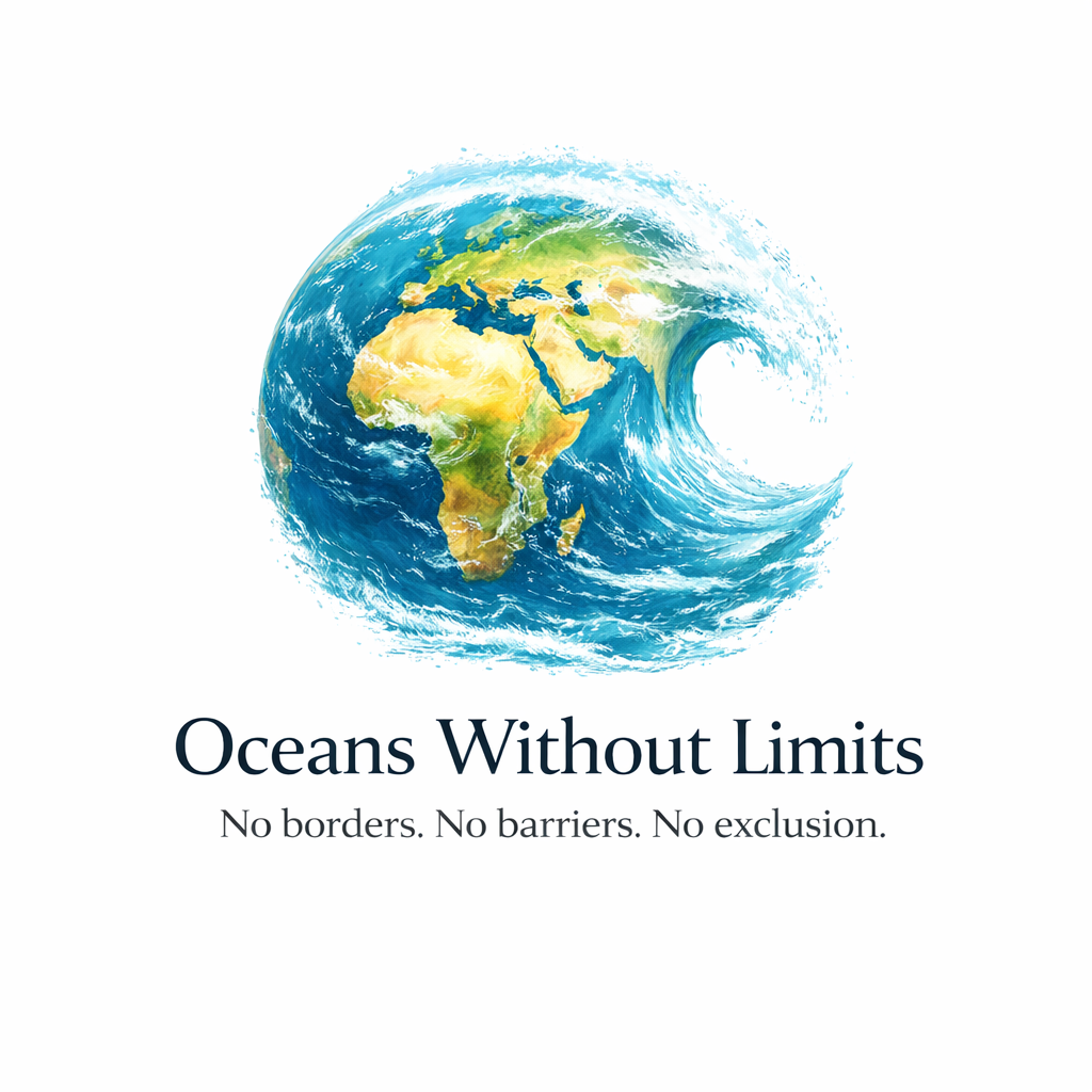 A globe within a curling wave, showing Africa and Europe. Oceans Without Limits. No borders. No barriers. No exclusion.