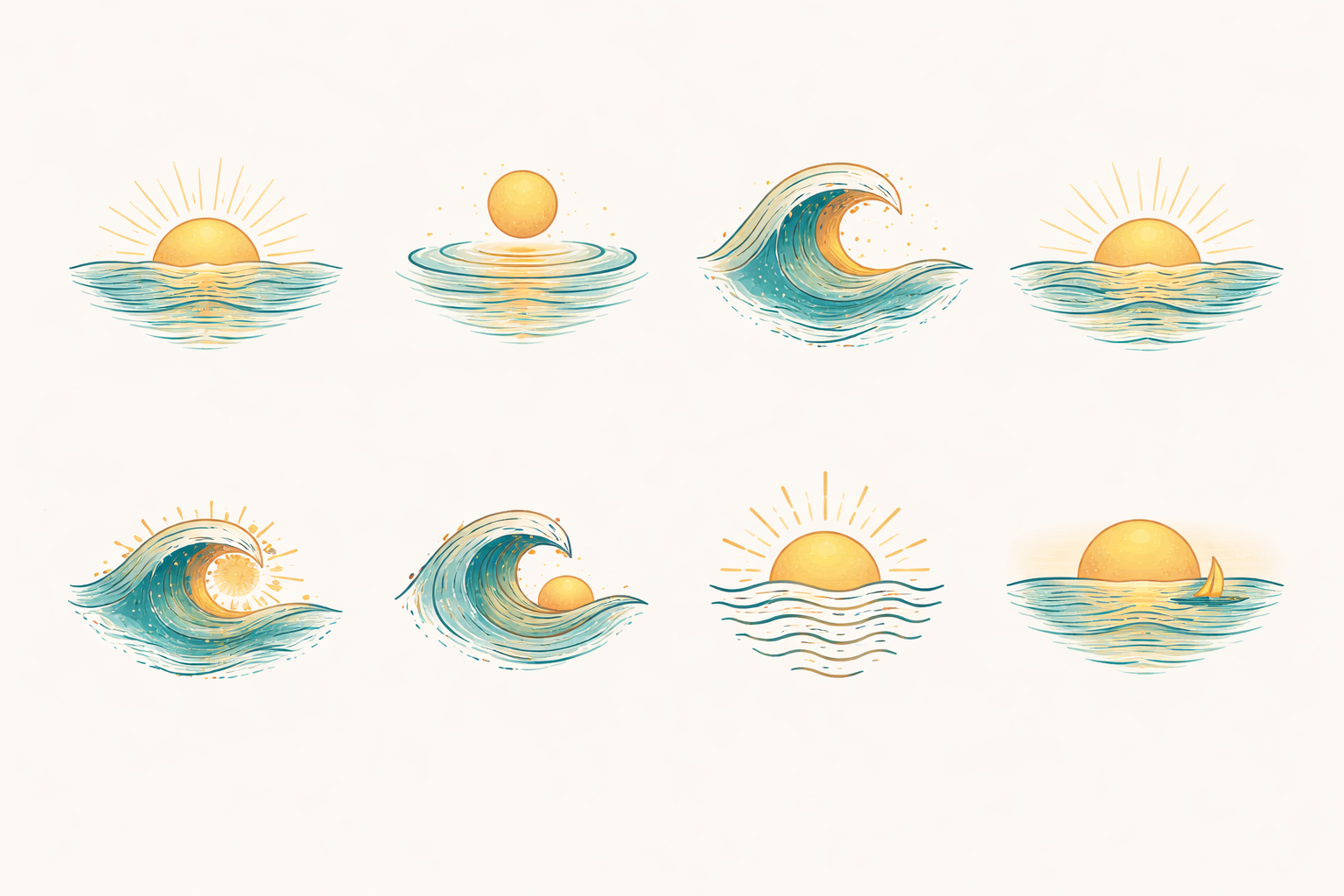 Eight delicate illustrations combining golden suns with turquoise waves in different arrangements.