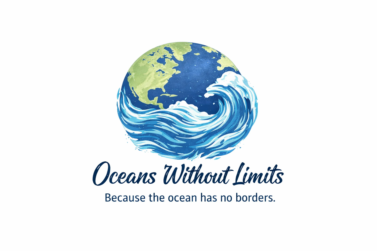 A painted globe embraced by waves. Oceans Without Limits. Because the ocean has no borders.