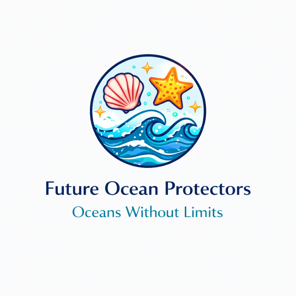 Colourful shell, starfish and waves emblem above Future Ocean Protectors lettering.