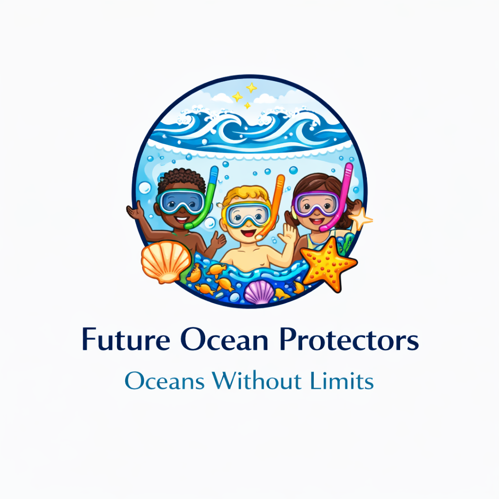 Three smiling children snorkelling with fish, shells and a starfish inside a colourful ocean emblem.