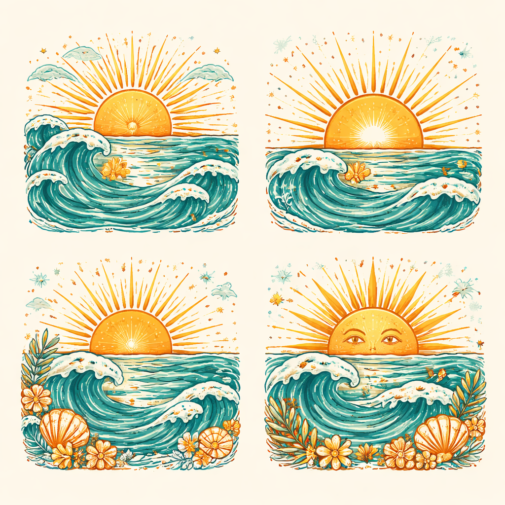 Four richly illustrated golden suns rising above turquoise waves, shells and tropical flowers.