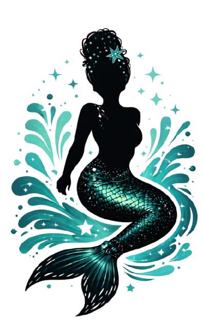 Mermaid silhouette with curly hair, a teal-scaled tail and splashing waves.