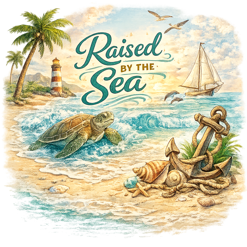 A sea turtle beside a palm-lined shore, sailing boat and anchor. Raised by the Sea.