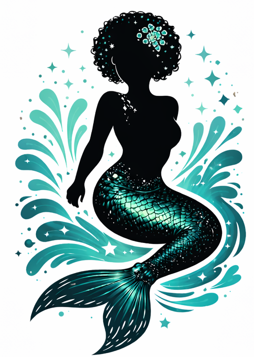 Mermaid silhouette with hair in a bun, a teal-scaled tail and splashing waves.