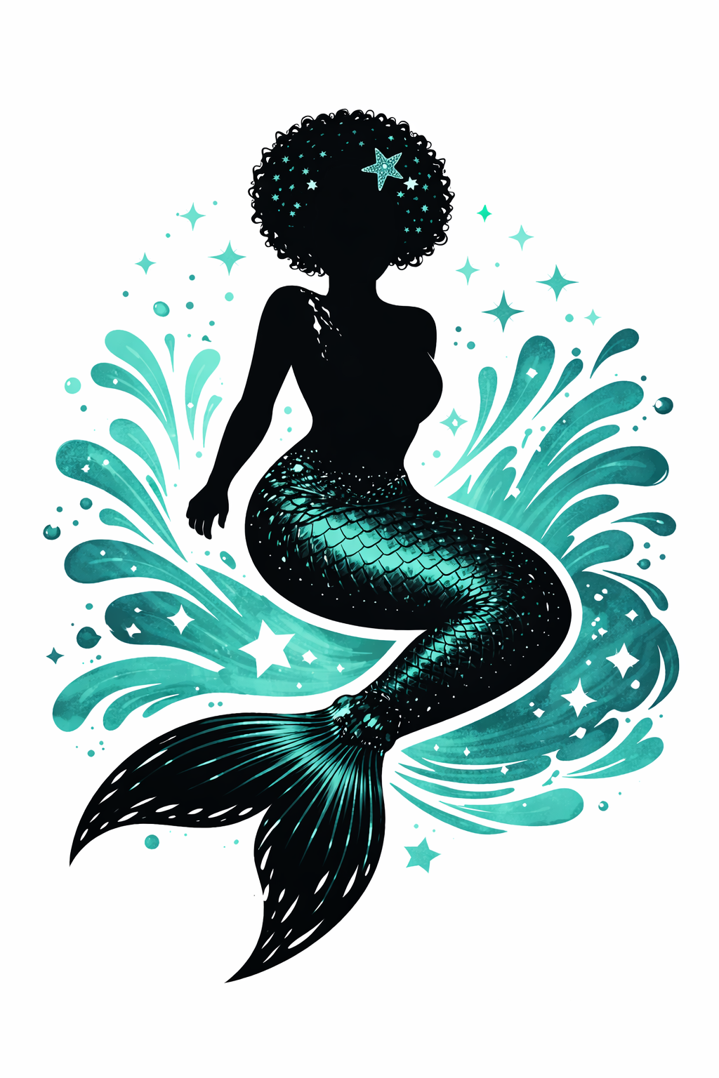 Black mermaid silhouette with short Afro hair, a teal-scaled tail and bright waves.