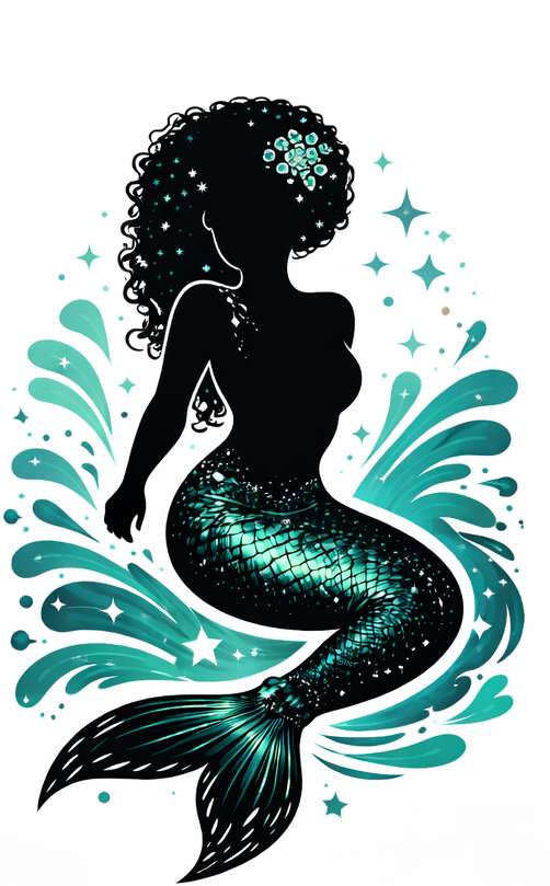 Black mermaid silhouette with swept curly hair, a teal-scaled tail and bright waves.