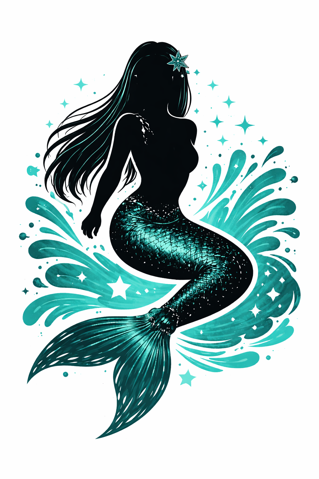 Black mermaid silhouette with long straight hair, a teal-scaled tail and bright waves.