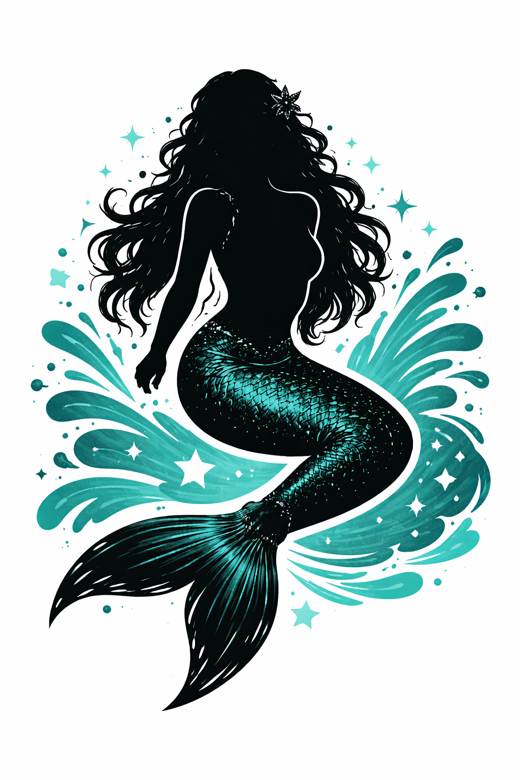 Black mermaid silhouette with long curly hair, a teal-scaled tail and bright waves.