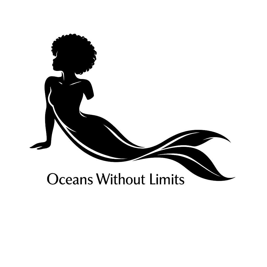 Afro-haired mermaid silhouette with a long flowing tail above an oceans-without-limits message.