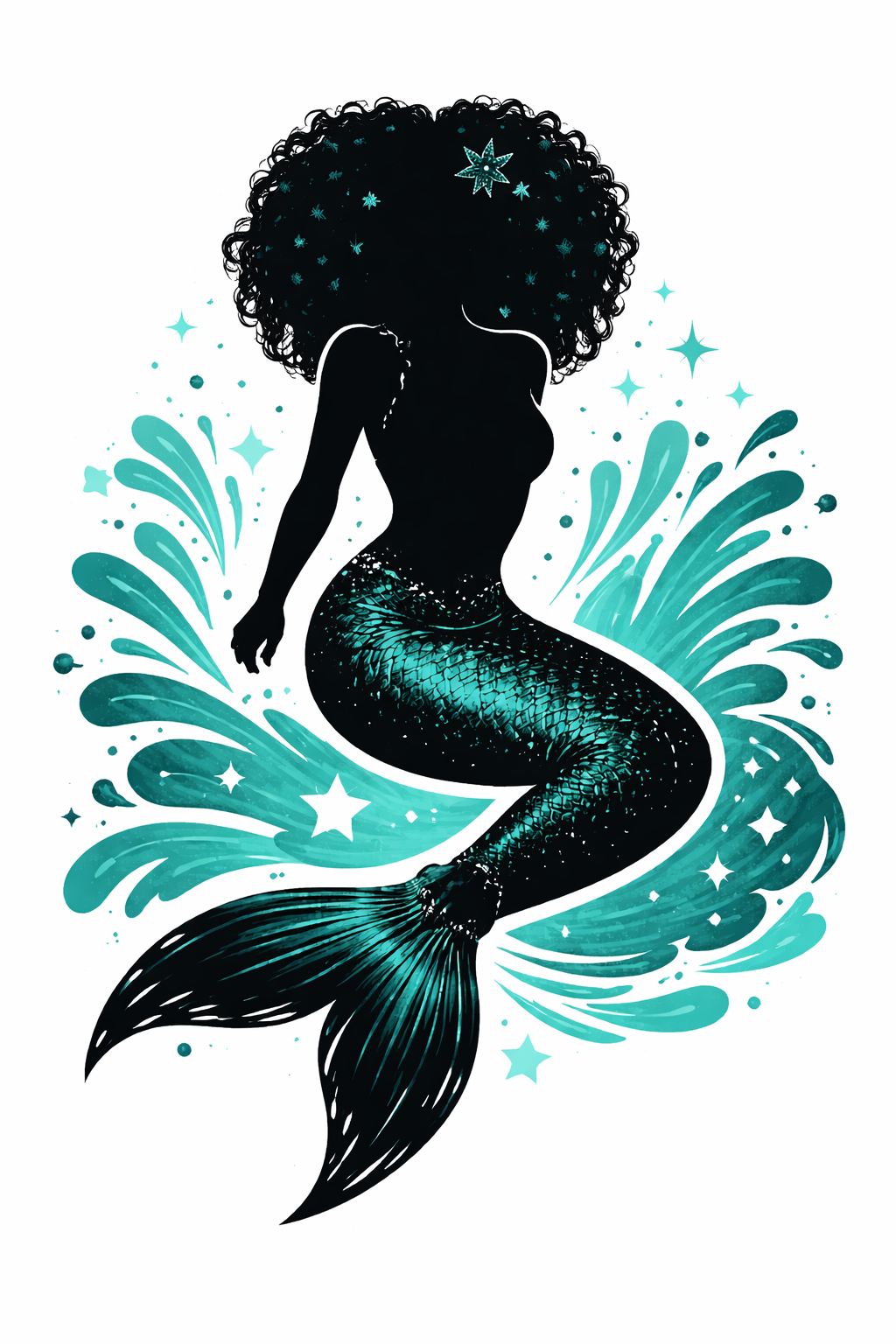 Black mermaid silhouette with a full long Afro, a teal-scaled tail and bright waves.